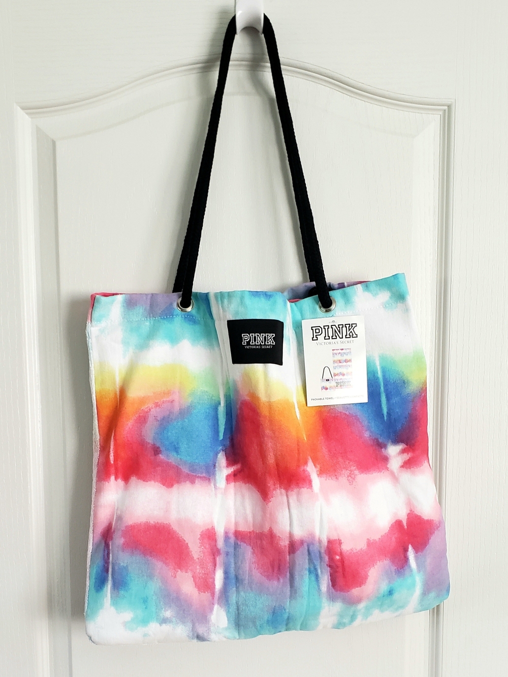 NWT Victoria's Secret PINK Packable Towel Tote Bag Rainbow Tie-Dye Convertible